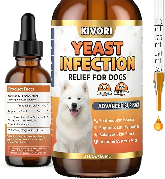 Kivori Yeast Infection Drops for Dogs - Natural Herbal Yeast Drops for Dog Ear, Paw & Skin Itch Relief - All Breeds Anti-Yeast Supplement - 2 fl oz (60ml)