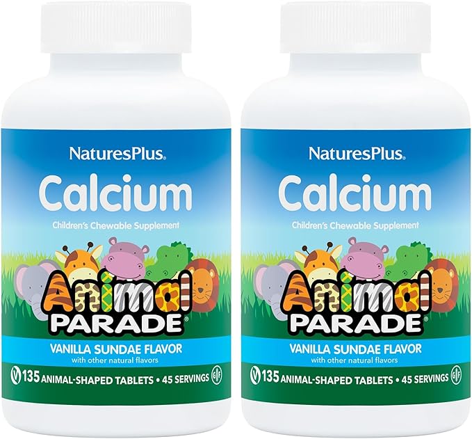 NaturesPlus Animal Parade Calcium, Vanilla Sundae Flavor - 135 Animal-Shaped Chewable Tablets, Pack of 2 - Vegan, Gluten Free - 90 Total Servings
