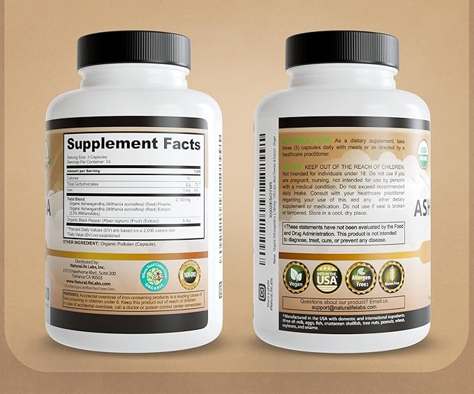 NaturaLife Labs Organic Ashwagandha 2100 mg per Serving – Herbal Supplement Root Powder & Extract – 100 Capsules – Vegan, Non-GMO, Gluten-Free