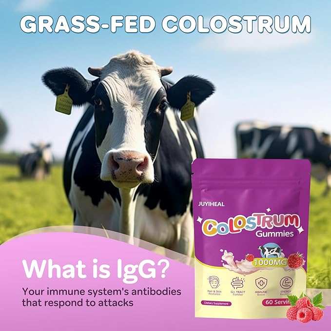 Colostrum Gummies, 1000 mg Grass Fed Colostrum Chews Colostrum Supplement for Gut Health, Hair Growth, Beauty, and Immune Support, Raspberry Flavor 60 Servings