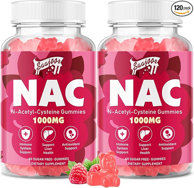 2 Pack NAC Gummies Sugar-Free, N-Acetyl Cysteine NAC Supplement 1000mg for Antioxidants, Immune Support, Non-GMO, Gluten-Free, Vegan – Raspberry Flavor, 120 Gummies