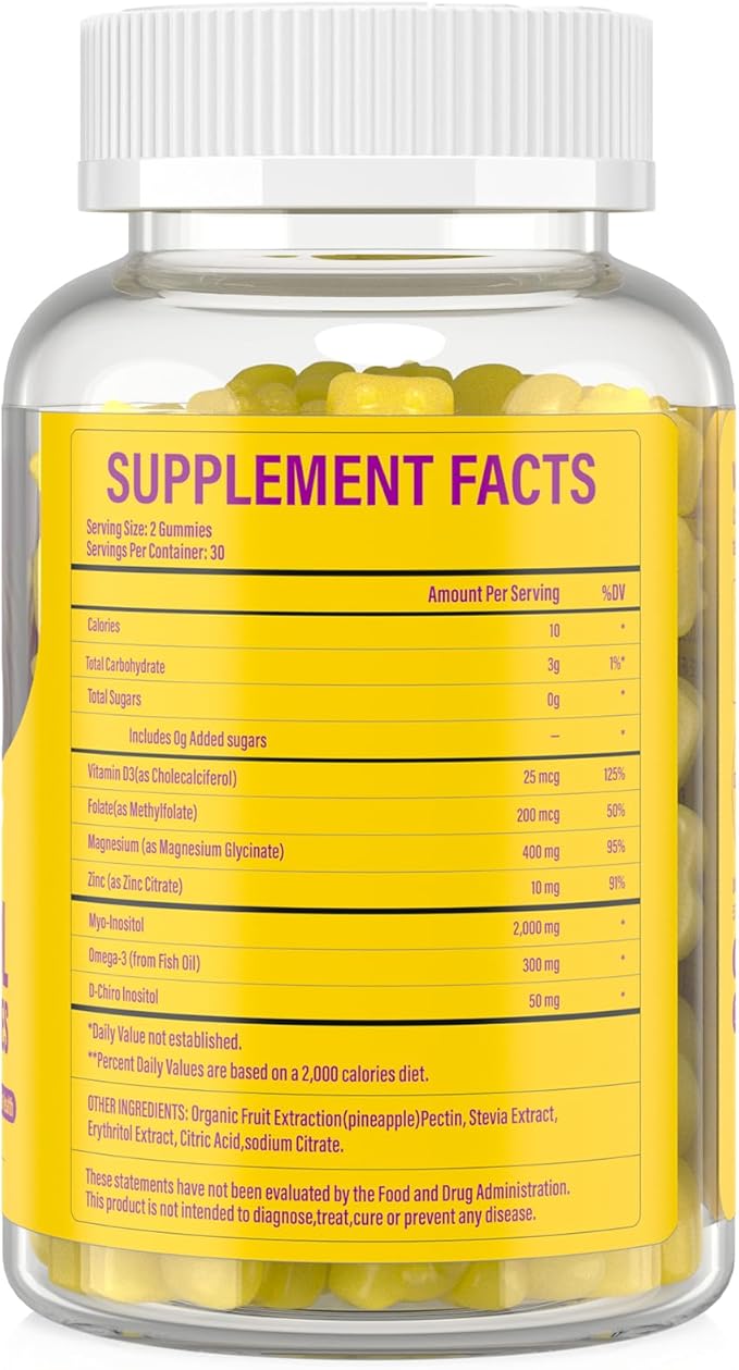 Myo-Inositol & D-Chiro Inositol,Inositol Gummies with Vitamin D3, Magnesium Glycinate, Omega-3, Folate & Zinc, Inositol Supplement Menstrual Cycle for Women-40:1 Ratio-90 Day Supply