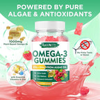 Vegan Omega-3 Gummies 1000mg, Omega 3 Fish Oil Alternative for Adults, Algae-Based DHA 600mg & EPA 300mg + Vitamins A, C, E, Zinc, Supports Overall Wellness, No Fish Taste, 60 Count