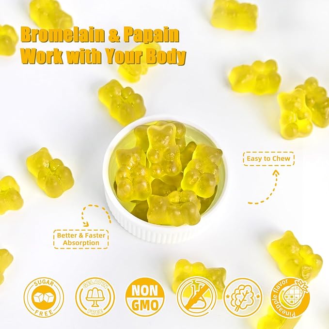 Bromelain Papain Enzyme Gummies Supplement: Bromelain 500MG with Querectin Gummies for Adults Kids, Organic Bromelain Papaya Enzymes Chewable for Digestive Support Immunity Antioxidant Vegan 60CT