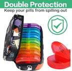 Serfeymi Weekly Travel Pill Organizer 2 Times A Day AM PM Upgraded Rainbow Pill Box 7 Day with Portable Zipper PU Leather Pill Case, Medicine Organizer for Pills, Vitamins, Fish Oils - Black 02