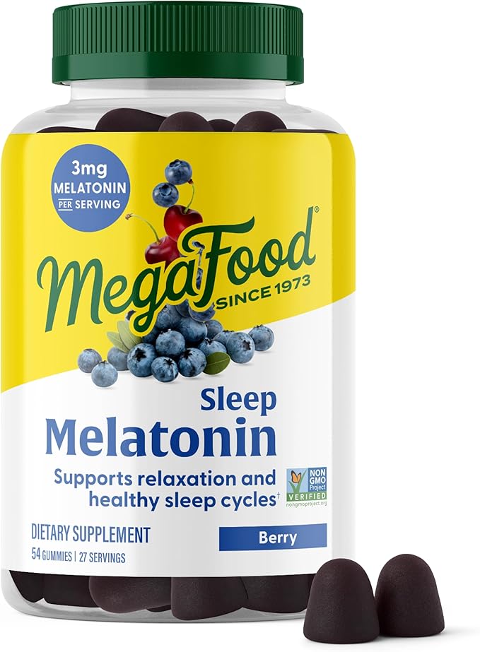 MegaFood Melatonin Gummies - Melatonin 3mg per Serving to Help Relax & Fall Asleep – Sleep Gummies for Adults - Berry Flavor, Non-GMO, Certified Vegan - 54 Count (27 Servings)