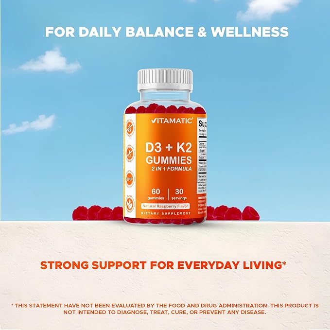 Vitamatic Vitamin D3 & K2 Gummies (2-Pack, 60 Count) Supports Healthy Bones, Heart Health, Calcium Absorption, and Immune Function Plant-Based, Non-GMO, Gluten-Free