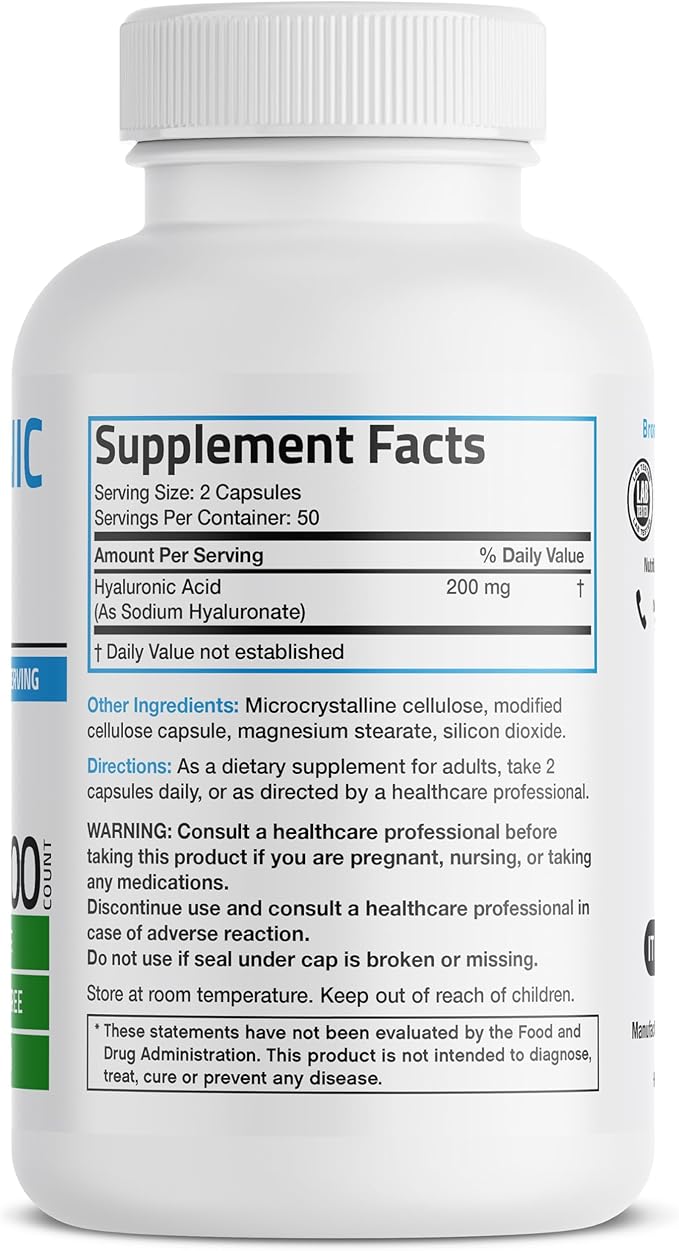 Bronson Hyaluronic Acid 200 MG High Potency Joint Health & Healthy Skin Support, Non-GMO, 100 Vegetarian Capsules