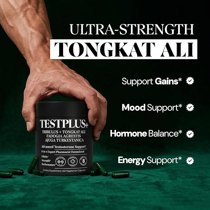 TESTPLUS+ 1,450mg 8-in-1 Testosterone Support for Men - High Strength Tongkat Ali, Fadogia Agrestis, Turkestanica & Tribulus - Natural Performance, Energy & Muscle Growth Formula (60 Capsules)