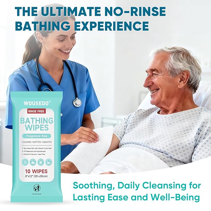 No Rinse Bathing Wipes for Adults - Extra Thick 8x12 Inch Disposable Shower Wipes, Hypoallergenic Unscented Body Cleansing Cloths for Bed Bath, Hospital, Travel, Camping - 300 Count(30 Packs)