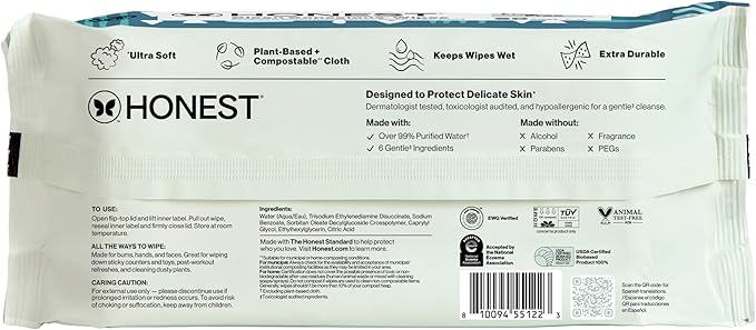 The Honest Company Hypoallergenic Multi-Use Baby Wipes for Sensitive Baby Skin, Balance Blues, 60 Count