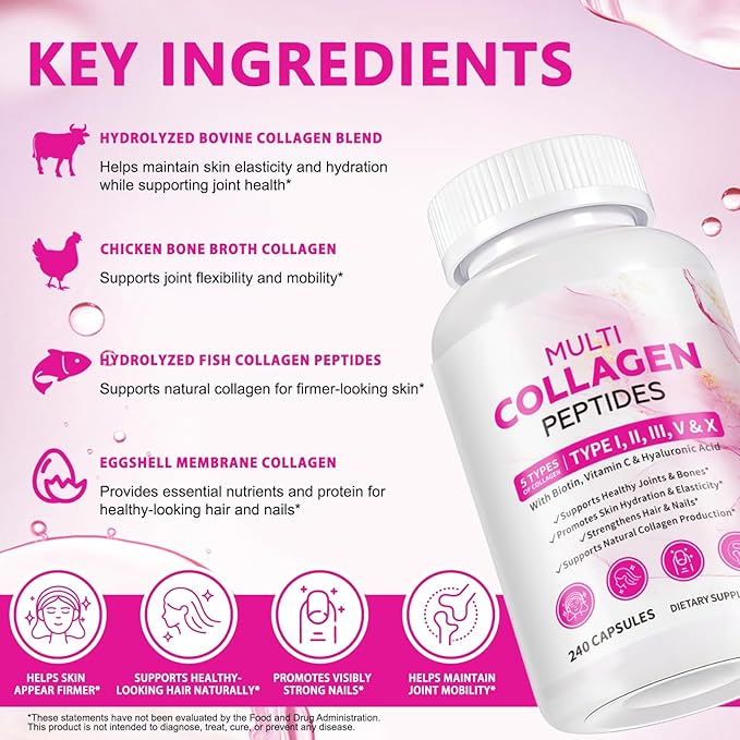 2 Pack Multi Collagen Peptides Capsules with Biotin, Vitamin C & Hyaluronic Acid – Contains extracts Such as Eggs and Fish！！！