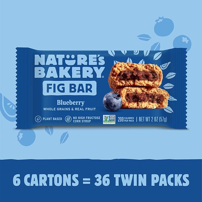 Nature’s Bakery Whole Wheat Fig Bars, Blueberry, Real Fruit, Vegan, Non-GMO, Snack bar, 6 Count (Pack of 6)