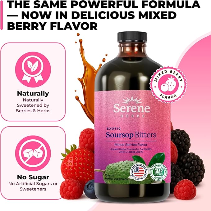 Serene Herbs Soursop Bitters Liquid - Organic Herbal Sour Sop Guanabana with Black Seed, Moringa, Irish Moss & Ginger – Gut Support, Energy & Immune Boost – Vegan, Non-GMO – Mixed Berry Flavor – 16 oz