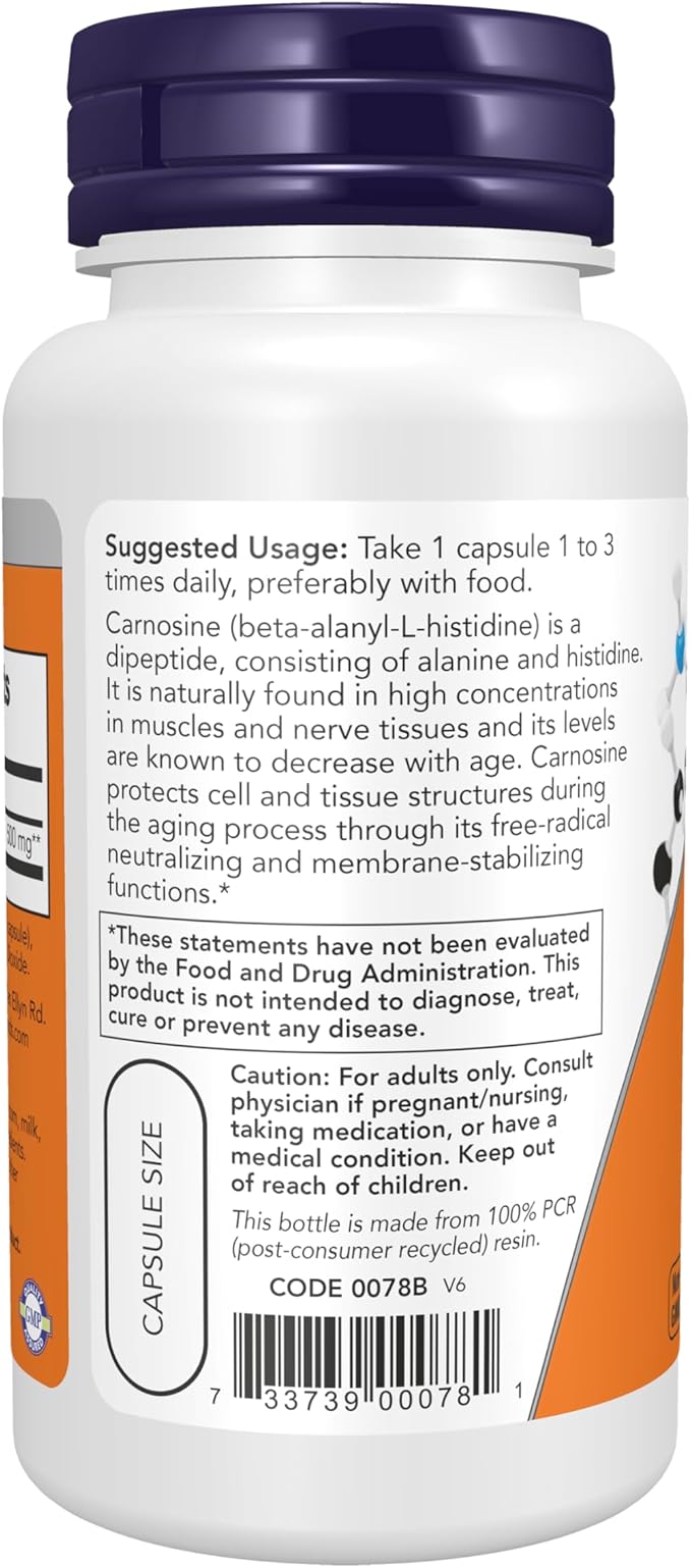 NOW Foods Supplements, L-Carnosine (Beta-Alanyl-L-Histidine) 500 mg, Healthy Aging, 50 Veg Capsules