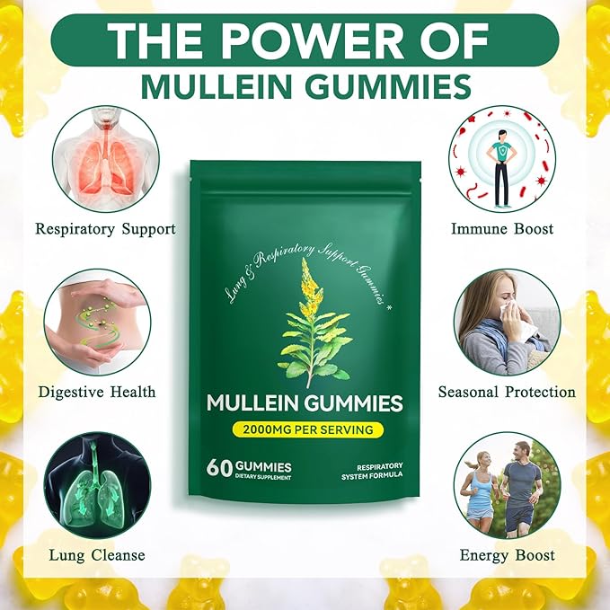 Mullein Gummies for Lung Detox, 2000mg Mullein Leaf Extract for Respiratory & Digestive & Immune Support w/Quercetin, Bromelain, Elderberry & Marshmallow, Vegan 120 Gummies (2 packs 120 gummies)