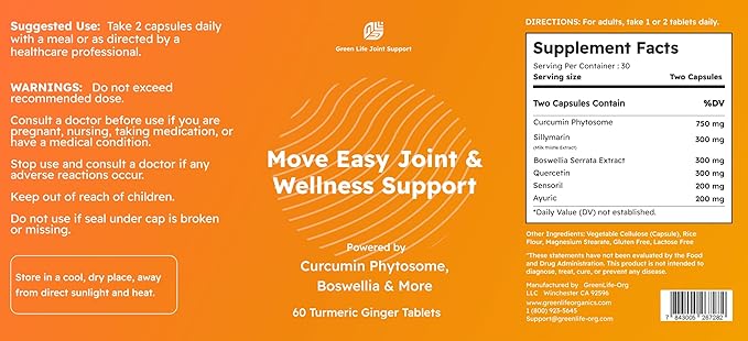 Move Easy Joint Support Supplement, Turmeric Curcumin with Boswellia and Silymarin, 60 Tablets