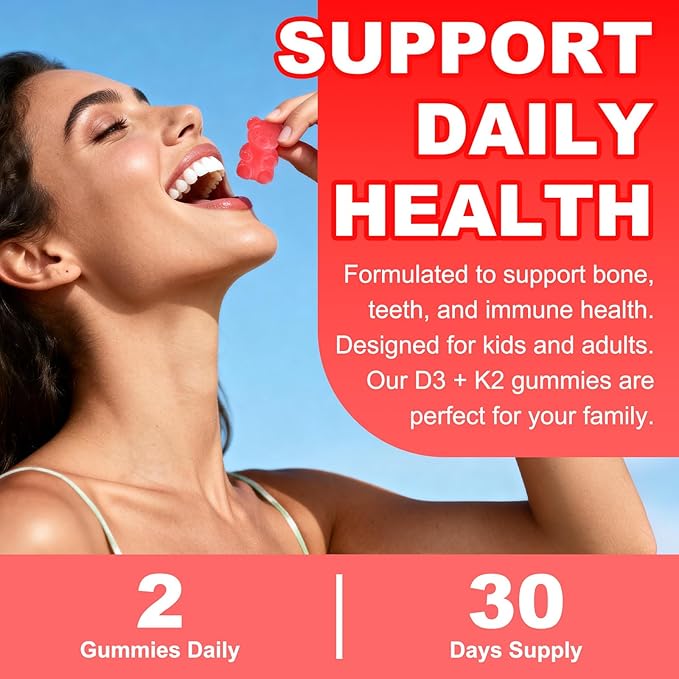 Sugar Free Vitamin D3 K2 Gummies - Vitamin D Gummies with VD3, VK2, 7 Essential Vitamins - Supports Bone, Muscle, Teeth & Immune - Vegan, Non-GMO, Strawberry Flavor, 60 Count