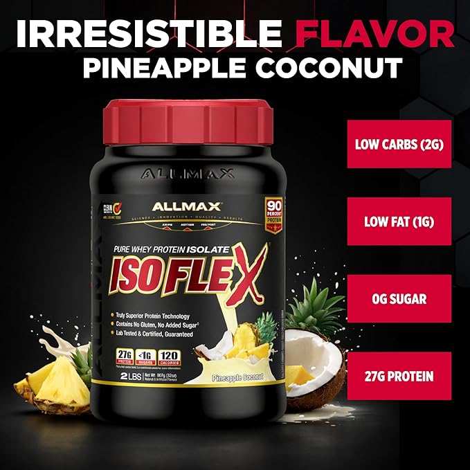 ALLMAX ISOFLEX Pure Whey Isolate Protein Powder - Gluten Free, Low Lactose, Sugar-Free - High-Protein, Clean, Keto-Friendly, Pre Post Workout Supplement for Women and Men | Pineapple Coconut, 2lb