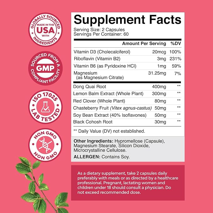 Natures Craft Complete Herbal Menopause Supplement for Women - Female Hormone Balance Capsules for Night Sweats Hot Flashes & Mood Swings with Dong Quai, Chaste Berry & Black Cohosh Root - 120 Count