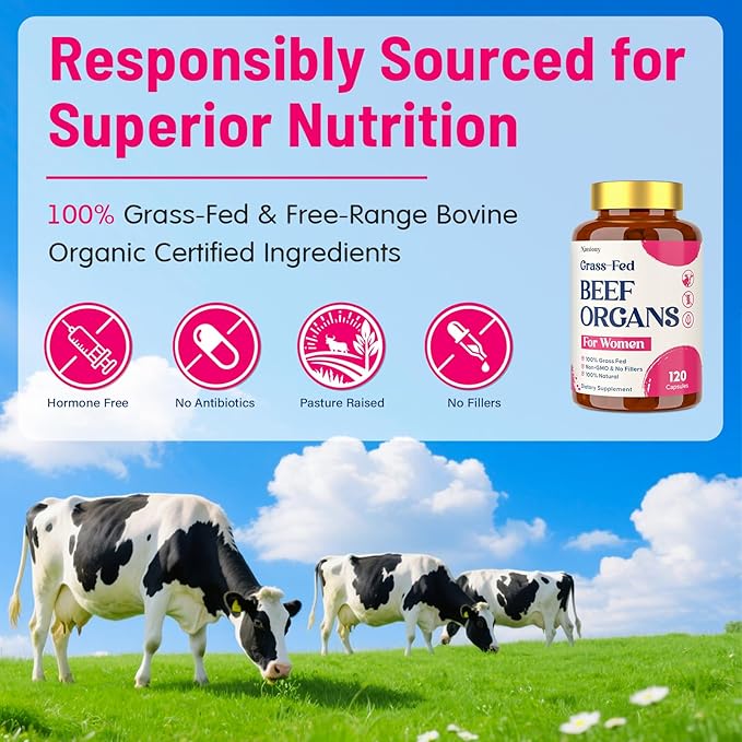 12-In-1 Beef Organ Supplement for Women - Beef Liver, Uterus, Kidney, Heart, Pancreas, 5 Vitamins & 2 Herbs, Hormone Balance, Menstruation, Energy, Immune - 100% Grass Fed, Pasture Raise - 120 Caps