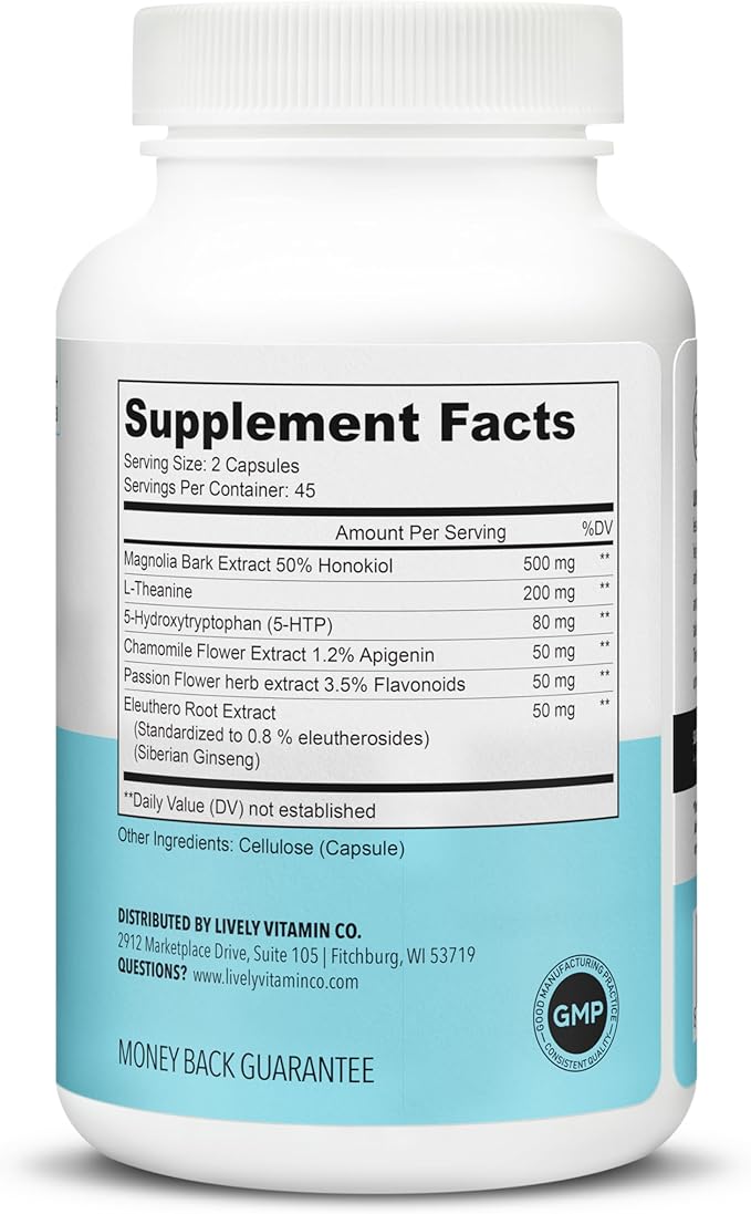 LIVELY VITAMIN CO. Chill Pill - Calm Mood - Relax - Restful Deep Sleep - REM - Stress - Anxiousness - Magnolia Bark - Chamomile - L-Theanine - Passionflower - 5-HTP - 90 Vegan Capsules