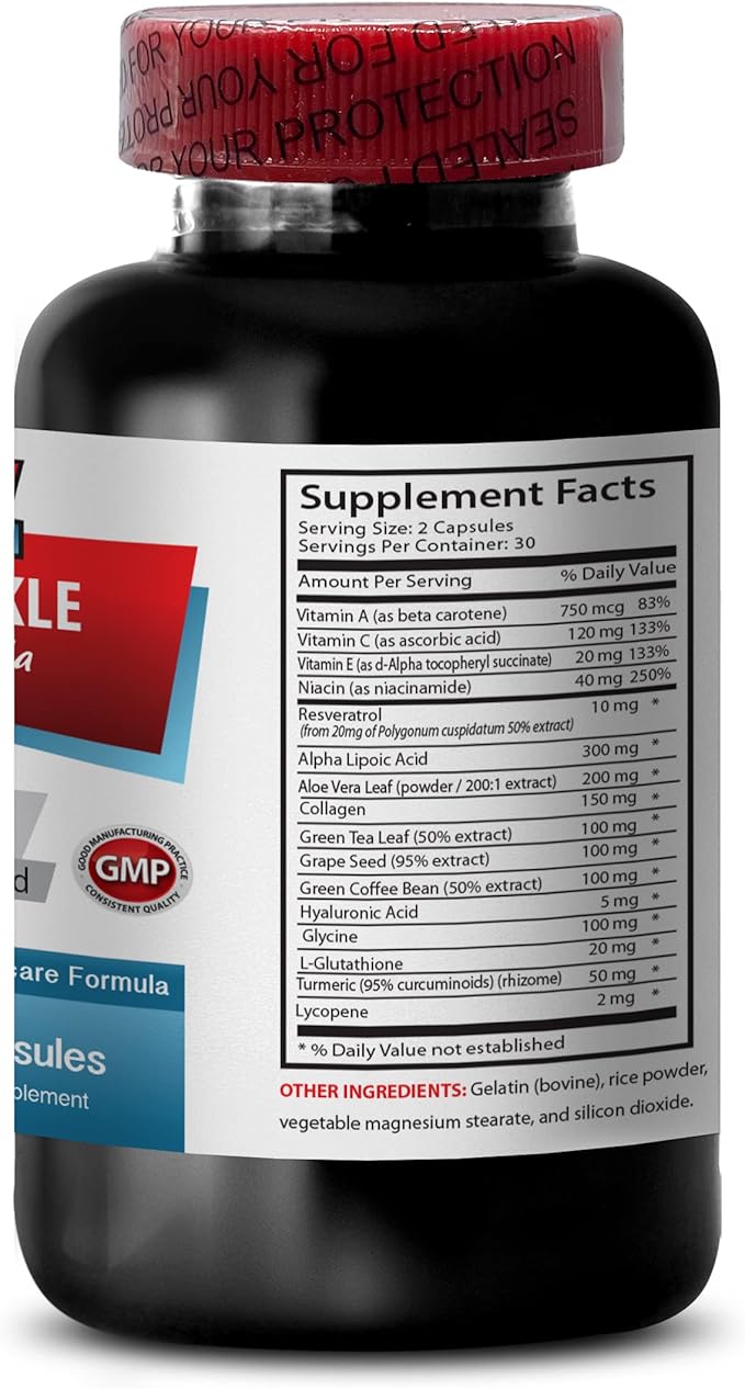 Resveratrol 2000 - Anti-Wrinkle Pills - Reducing oxidative Stress, Alpha lipoic Acid, Collagen, Aloe Vera Gel, hyaluronic Acid, Turmeric, Anti Aging Supplement, Anti Aging Pills 1 Bottle 60 Capsules