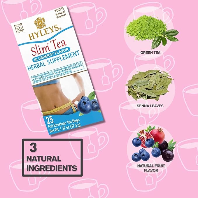 HYLEYS Slim Tea Blueberry Flavor - Weight Loss Herbal Supplement Cleanse and Detox - 25 Tea Bags (6 Pack)