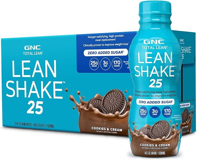 GNC Lean Shake 25 Protein Shake, Clinically Proven Weight Management, Meal Replacement, 25g Protein with Zero Added Sugar, Ready To Drink, Cookies and Cream, Pack of 12