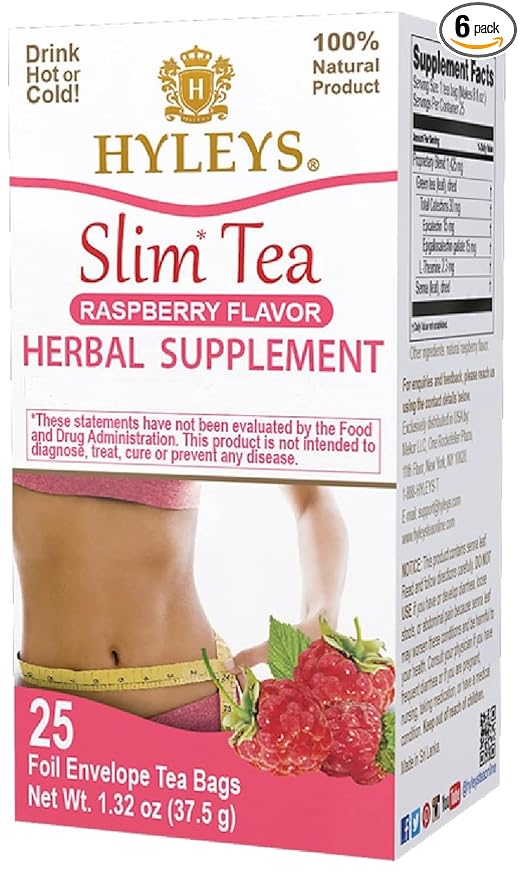 Hyleys Slim Tea Raspberry Flavor - Weight Loss Herbal Supplement Cleanse and Detox - 25 Tea Bags (6 Pack)