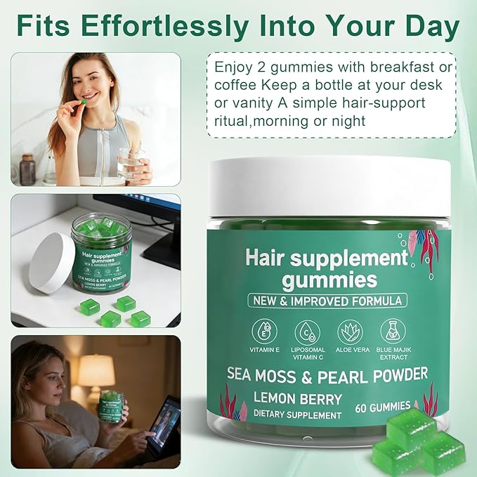 Sea Moss Gummies for Hair Loss，Hair Loss Gummies with Organic Sea Moss，Pearl Powder & Aloe Vera,Vitamin C, Vitamin E, Supports Hair & Skin Wellness Dietary Supplement — 60 Gummies