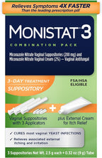 Monistat 3-Day Yeast Infection Treatment for Women, 3 Miconazole Vaginal Suppositories & External Itch Relief Cream (9g Tube) Combo Pack
