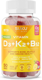 SUKU Vitamins Vegan D3 + K2 + B12 Sugar-Free & Sugar-Alcohol-Free Keto 2000IU Vitamin D Gummy Supplement for Healthy Bones, Immune Function, Healthy Metabolism, Lemon Dragon Fruit Flavor (50 Gummies)