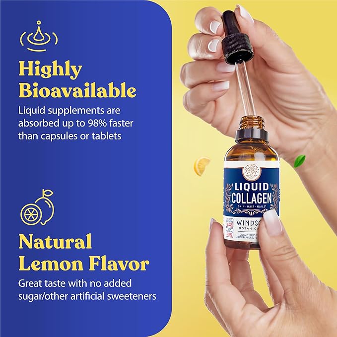Liquid Collagen for Women and Men with Biotin - 30,000mcg Hydrolyzed Collagen Liquid Peptides Supplement plus Biotin for Hair, Skin, Nail Support - Sublingual Drops or in Drinks - Natural Lemon, 2 oz