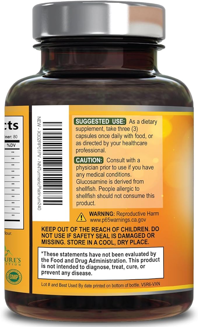 Turmeric Curcumin Supplement - 95% Curcuminoids with Glucosamine, Ginger & MSM, BioPerine Black Pepper Extract for Best Absorption, Natural Vegan Joint Support, Non-GMO, Bottled in USA - 240 Capsules