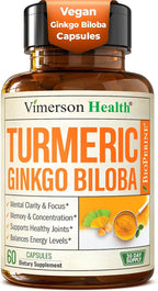 Ginkgo Biloba Supplement with Turmeric Curcumin and Black Pepper for High Absorption - Ginko Biloba Capsules with Curcuma for Focus, Memory Support, Joint & Brain Health - Non-GMO - 60 Vegan Capsules
