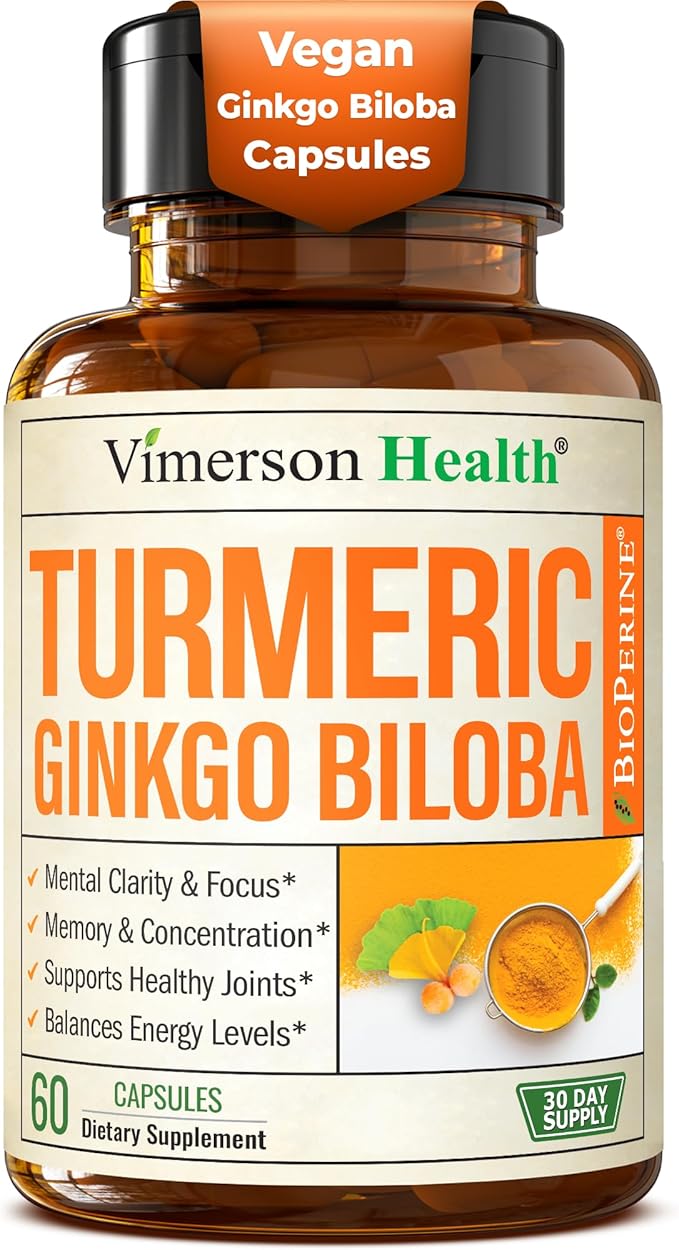 Ginkgo Biloba Supplement with Turmeric Curcumin and Black Pepper for High Absorption - Ginko Biloba Capsules with Curcuma for Focus, Memory Support, Joint & Brain Health - Non-GMO - 60 Vegan Capsules