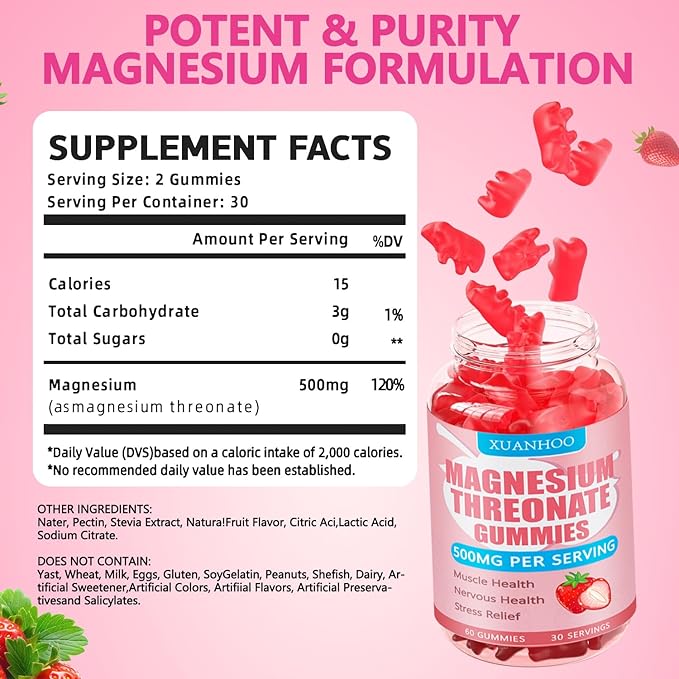 Magnesium Threonate Gummies,Magnesium Supplement,Strawberry Flavor,60Gummies,250mg Magnesium per Gummy,Muscle & Nerve Health,Stress Relief