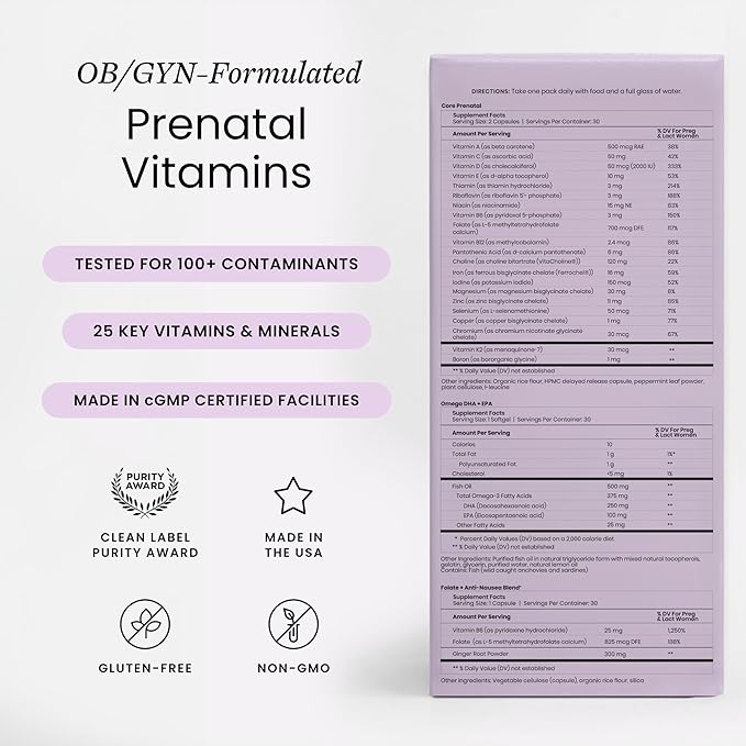 Perelel 1st Trimester Prenatal Pack, Multivitamin with Folate, Vitamin D, Omega 3, Iron & Ginger, Nutritional Support for Early Pregnancy, Soy & Gluten Free, Non GMO, 30 Daily Pill Packs