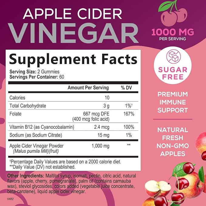 Apple Cider Vinegar Gummies 1000mg Per Serving - Sugar Free ACV Gummy Vitamins Supplement with Vitamin B12 for Energy - Keto Friendly Digestion, Detox, Cleanse Support, Vegan, Non-GMO - 120 Gummies