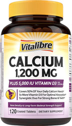 Vitalibre Calcium Supplements for Women - Calcium 1200 mg with Vitamin D3 5000IU, Bone Strength Density, Enhanced Absorption Stomach - Friendly Gentle, No Gluten, No Soy, Non GMO, 120 Coated Tablets