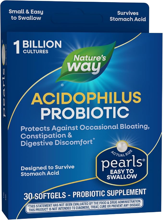 Nature's Way Pearls Acidophilus Probiotic, Supports Digestive Balance & Gut Health, Reduce Occasional Constipation and Bloating*, 1 Billion Cultures, 30 Softgels