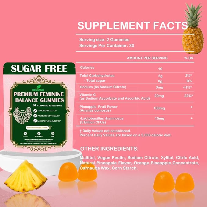 DEWANG Feminine Balance Gummies – Daily pH Balance & Vaginal Health Support, Probiotics for Womens Odor & Confidence Pineapple Flavor Vegan & Sugar-Free (Pineapple)