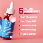 SeoulCeuticals Korean Hyaluronic Acid Serum For Face - High Molecular Weight & Low Molecular Weight Hyaluronic Acid - Centella Serum + Propolis. 1oz
