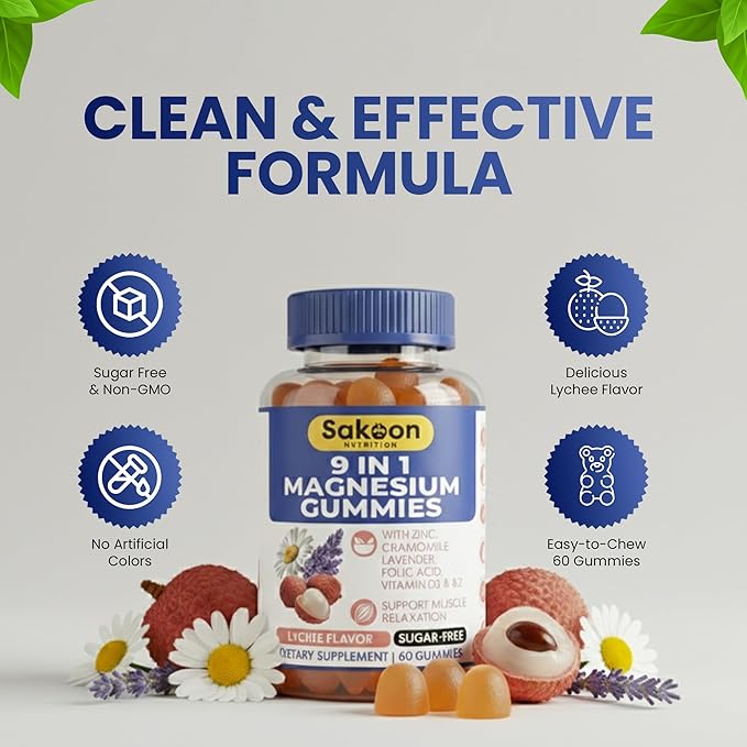 Sakoon Nutritions 9-in-1 Magnesium Gummies for Women & Men with Zinc & Vitamin D3 | Sugar Free Lychee Flavor with Magnesium Glycinate, Citrate & Malate | Muscle & Stress Relief | Halal, Vegan | 60pcs