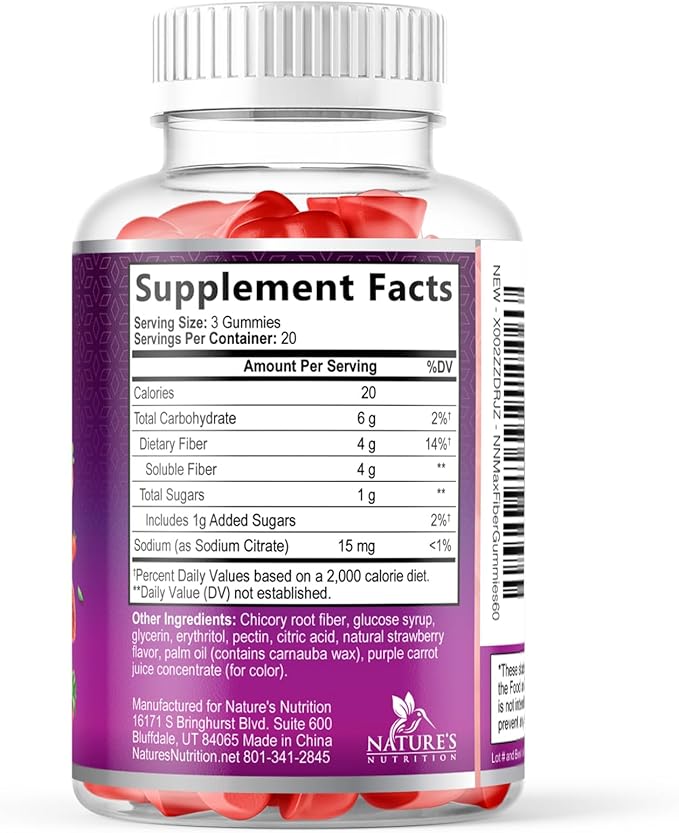 Fiber Gummies for Adults - Soluble Fiber 4g Per Serving - Plant-Based Prebiotic Fiber Supplement for Digestive Health, Gut Health, & Regularity Support - Vegan Gummy - Tasty Berry Flavor - 60 Gummies