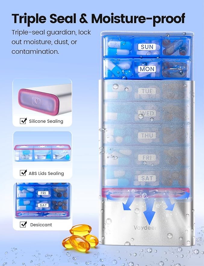 Vaydeer Metal Pill Organizer 3 Times a Day, Weekly Pill Box with Built-in Desiccant Compartment, Airtight 7 Day Travel Pill Case for Medication, Vitamins & Supplements (Rose Gold)