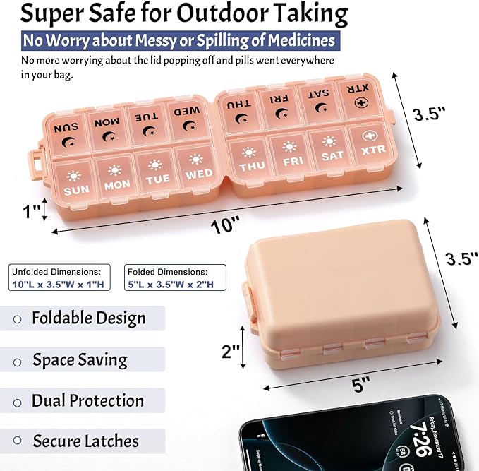 Foldable Weekly Pill Organizer 2 Times a Day with 2 Extra Compartments (Clear Printed Labels) - Portable 7 Day AM PM Medicine Box, Week Daily Travel Pill Case Holder for Vitamin, Supplement - Pink