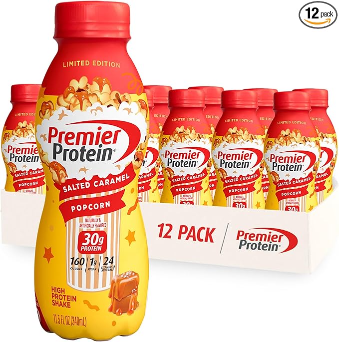 Premier Protein Shake, LIMITED EDITION Salted Caramel Popcorn, 30g Protein, 1g Sugar, 24 Vitamins & Minerals to Support Immune Health, 11.5 fl oz, 12 Pack