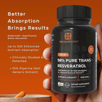 Trans-Resveratrol 250mg (≥98% Pure) with BioPerine® | Made in USA | Third-Party Tested | Cellular Health & Longevity Support | Vegan | 30 Capsules
